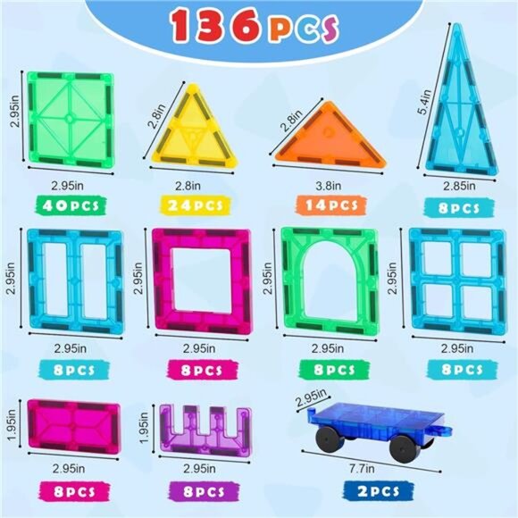 Magnetic Tiles, Deluxe 136 PCS Building Blocks Magnet Toys for Kids 3D - Picture 3 of 7